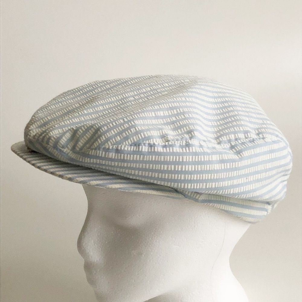 Vtg 50s Newsboy Cabbie Caddy Hat Blue White Seersucker Stripe Made USA Sz M